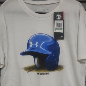 Under Armour White Tee with Blue Helmet Design